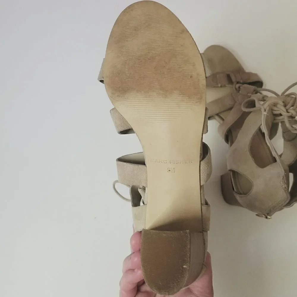 Marc Fisher Paradox Lace Up Block Heeled Sandals in Nude Size 9 - Picture 9 of 9